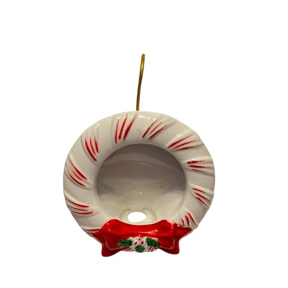 Ceramic Holiday Wreath Ornament With Red Bow & Gold Hanging Loop - Picture 2 of 6